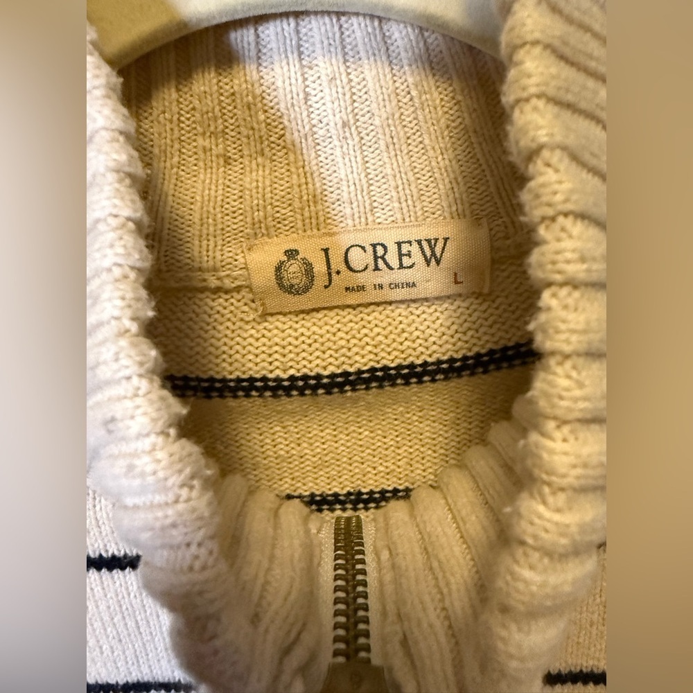 J. Crew Men's Cream and Black Striped Heritage Zip-Up Sweater size Large - Picture 5 of 9